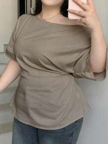 Dazy Plus Plus Size Women Summer Casual Solid Color Asymmetrical Neck Batwing Sleeve Split Hem Fitted Blouse - Khaki - View 5