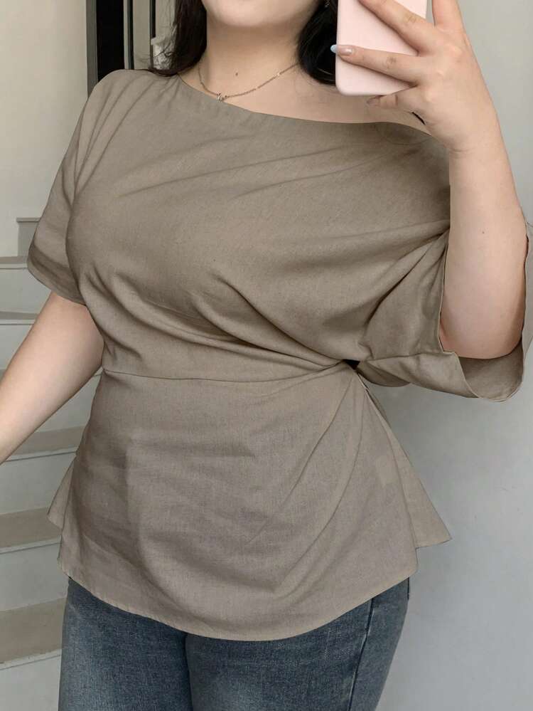 Plus Size Women Summer Casual Solid Color Asymmetrical Neck Batwing Sleeve Split Hem Fitted Blouse