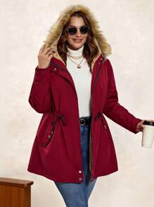 SHEIN Clasi 大码连帽蓬松拉链长袖口袋休闲日常冬季加厚外套