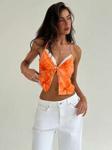 Aloruh Top corto senza schienale da donna con stampa tropicale di ibisco arancione, collo alla halter e lacci legati, adatto per estate, vacanze, festival musicali, spiaggia