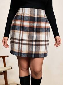 SHEIN Clasi 大碼格紋印花高腰半身裙