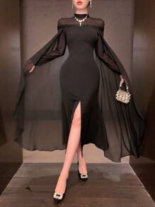DAZY Women's Chiffon Patchwork Mock Neck Cape Style Bodycon Dress,Elegant Black Autumn Party Birthday Dining Dress,Plus Size Casual Spring/Summer Clothes - Black - View 7