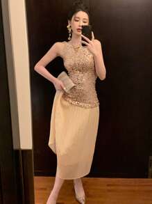 DAZY 女士亮面雪纺两件式拼接修身直筒撞色优雅假日派对长裙，春夏金色亮片连衣裙，香槟色正式礼服，奢华女士香槟色晚礼服，优雅女士连衣裙，婚礼舞会礼服，新年女士服装，嘉年华闪亮连衣裙 - 杏色 - 查看 6