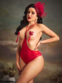 PinupGlam Vintage Palast Spitze Mesh Transparenter Perlen Rückenfreier Brust-Dekor Sexy Bodysuit für Frauen