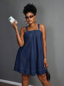 Slaydiva 大码女式夏季休闲牛仔吊带连衣裙，明线设计 - 中等水洗藍 - 查看 6