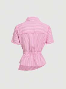 SHEIN MOD 条纹领短袖衬衫，腰部有褶饰，下摆不对称，适合办公室穿着 - 粉色 - 查看 2