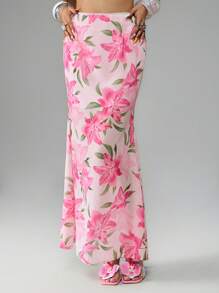 ROMWE Avant Falda floral de cintura baja estilo Y2K, falda de gasa de cola de pez para vacaciones y resorts de playa para mujeres - Rosa - Ver 4