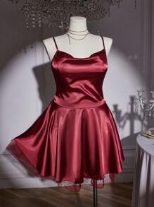 SilkySpell 加大码女式性感缎面露背交叉肩带网眼拼接吊带背心吊带裙 - 酒紅色 - 查看 6