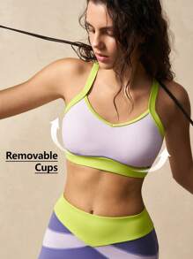VARSITIE Women Contrast Color Trim Casual Sports Bra, Summer Gym Top