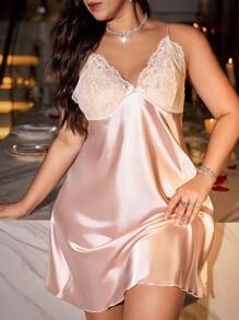 SilkySpell Plus Size Women Lace Deep V-Neck Backless Fitted Satin Slip Dress