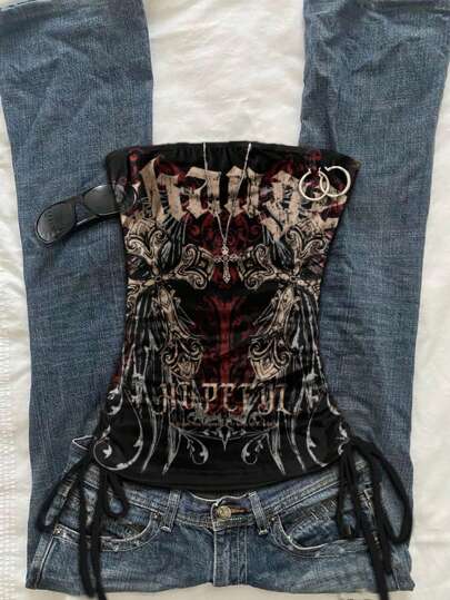 Attitoon Women's Casual Vintage Ruched Tie-Front Bustier Top Streetwear Back To School