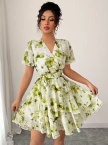 Rafferiza Printing V-Neck Ruffle Sleeve Spring Women Dress - Green - View 5