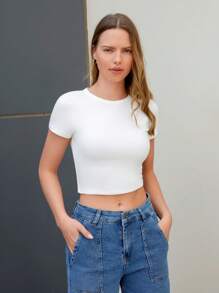 SHEIN Cottnline 97% Cotton 2pcs Black & White Basic Regular Fit Round Neck Short Sleeve Crop Top T-Shirt - Multicolor - View 6