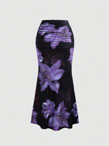 SHEIN LUNE 女式全身花卉印花褶饰半身裙，休闲度假女式半身裙