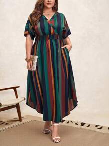 SHEIN Clasi Plus Striped Print Batwing Sleeve Hidden Pocket Dress, Summer - Multicolor - View 1