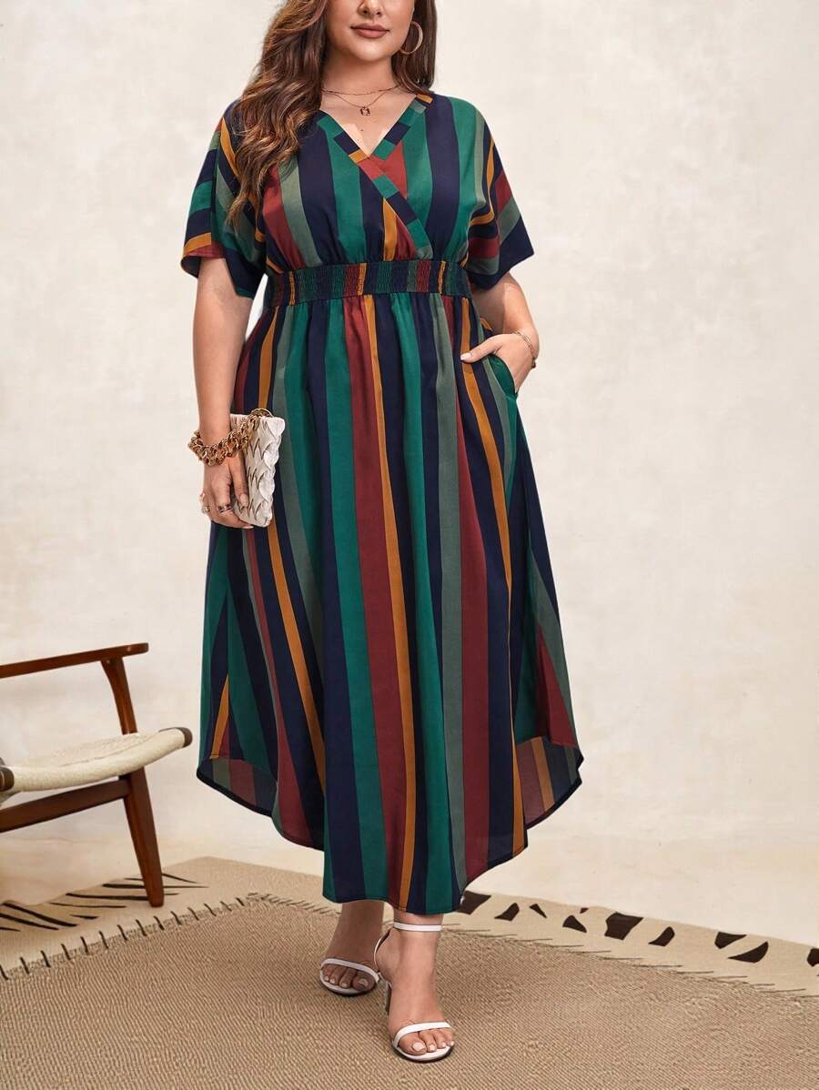 SHEIN Clasi Plus Striped Print Batwing Sleeve Hidden Pocket Dress, Summer - Multicolor - View 1