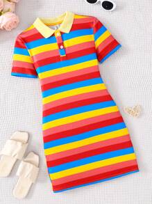 SHEIN Tween Girls Casual Polo Collar Knit Fitted Mini Dress, Spring/Summer - Orange - View 1