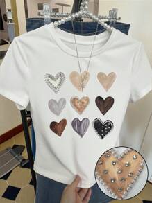 INAWLY Modisches, vielseitiges, locker geschnittenes T-Shirt mit Herz-Nietendekor und Strass-Verzierung am Rundhalsausschnitt, Y2K-Stil Kurzarmshirt - Weiss - Übersicht 3