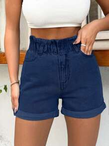 EURMUSE 100%Cotton Rigid, Elastic Band Detailed Shorts ,Petite Women - Medium Wash - View 3