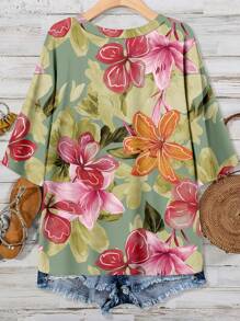 EMERY ROSE Áo thun VCAY Floral Casual Plus Size, Thích hợp cho kỳ nghỉ hè - màu xanh lá - Xem 2