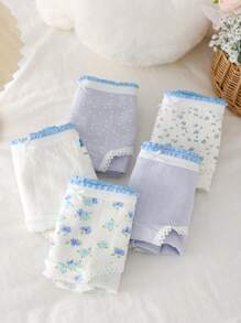5pcs/Set Girls' Floral Print Soft Comfortable Briefs Underwear Set, Simple & Stylish Blue Color