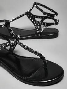 SHUZIA Women Fashionable Punk Studded Flat Sandals, Versatile Summer Shoes Spring Shoes Spring Break Easter Vacation Shoes Casual Shoes Beach Shoes Mother's Day Present