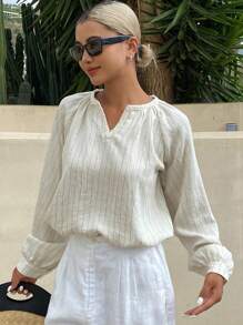 Livesso Áo sơ mi dài tay cổ khoét lỗ họa tiết sọc thường ngày dành cho nữ, áo sơ mi vải lanh dài tay mùa xuân/hè dành cho nữ - Màu Khaki - Xem 5