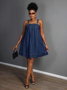 Slaydiva 大码女式夏季休闲牛仔吊带连衣裙，明线设计 - 中等水洗藍 - 查看 7