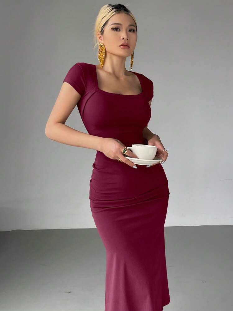Women's Solid Color Wrap Square Neck Fish Tail Midi Dress Red Women Dresses Christmas