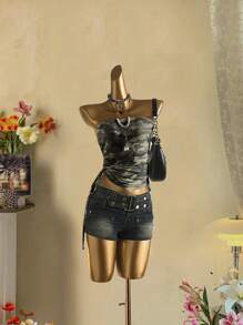 Attitoon Top de estilo casual vintage con estampado de camuflaje verde oliva en todo el diseño, ideal para volver al colegio