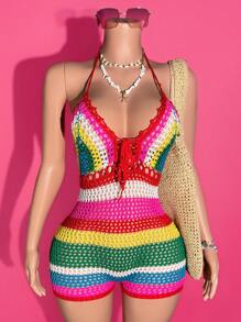 Slaydiva New Summer Leisure Vacation Daily Date Beach Wear Music Festival Suspender Rainbow Striped Crochet Jumpsuit V-Neck Women's Sweater Jumpsuit-A Crochet Swimsuit Rainbow Swimsuit - Multicolor - View 7