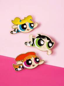 THE POWERPUFF GIRLS X SHEIN 3 buc/set broșă emailată cu model de floare, bule, picior de cocos, accesorii insignă metalică delicată creativă cu personaj de desene animate - Multicolor - Vizualizare 2