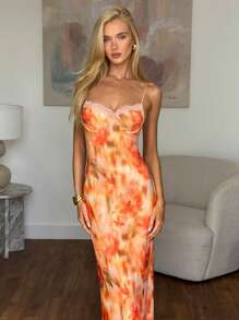 SHEIN BAE Robe maxi avec imprimé floral orange aux fleurs tie-dye avec ornement en dentelle, bretelles spaghetti, robe longue près du corps. Élégant pour femmes, vacances d'été, rendez-vous, soirée de demoiselle d'honneur, robe imprimée - Orange - Voir 5