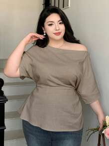 Dazy Plus Plus Size Women Summer Casual Solid Color Asymmetrical Neck Batwing Sleeve Split Hem Fitted Blouse - Khaki - View 3