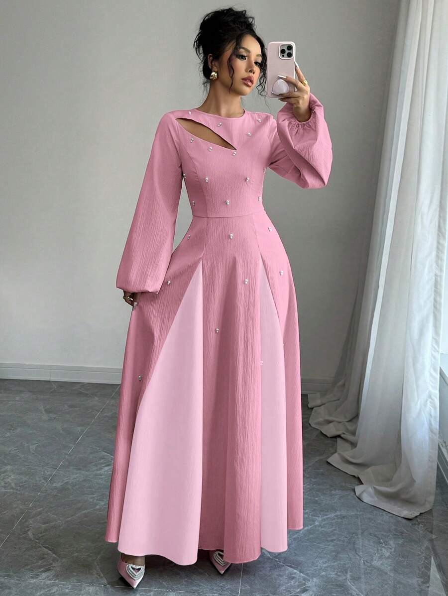 Modelyn 女士优雅双色拼接泡泡珠镂空腰部 A 字长裙女士长款晚礼服 - 藕粉色 - 查看 1