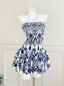 Chiquease 女士花卉印花紧身连衣裙，带荷叶边下摆，适合夏季