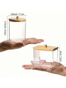 SHEIN 1 pièce/3 pièces, 7/10 oz Ensemble de bocaux de rangement en plastique transparent pour Apothicaire pour les pompons de maquillage, les tampons ronds, la soie dentaire et plus, convient pour le rangement de la salle de bain, boîte de rangement de maquillage de table de maquillage avec couvercle en bois