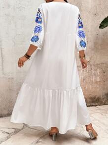 SHEIN LUNE Plus Size Casual Vacation Style Floral V-Neck Dress - Multicolor - View 2