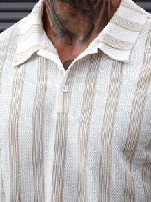 Manfinity Homme Men's Casual Striped Button Polo Shirt With Half Placket, Summer, Brown And White Striped Shirt - Multicolor - View 4