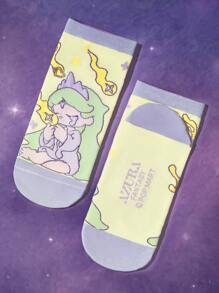 Pop Mart Azura X SHEIN 5 Pairs Cartoon Pattern Fashionable Cute Macaron Color Fantasy Soft And Breathable Moisture-Wicking Women Elastic Ankle Socks, Reinforced Toe And Heel, Suitable For Spring, Summer, Autumn, Winter, Pink & Purple