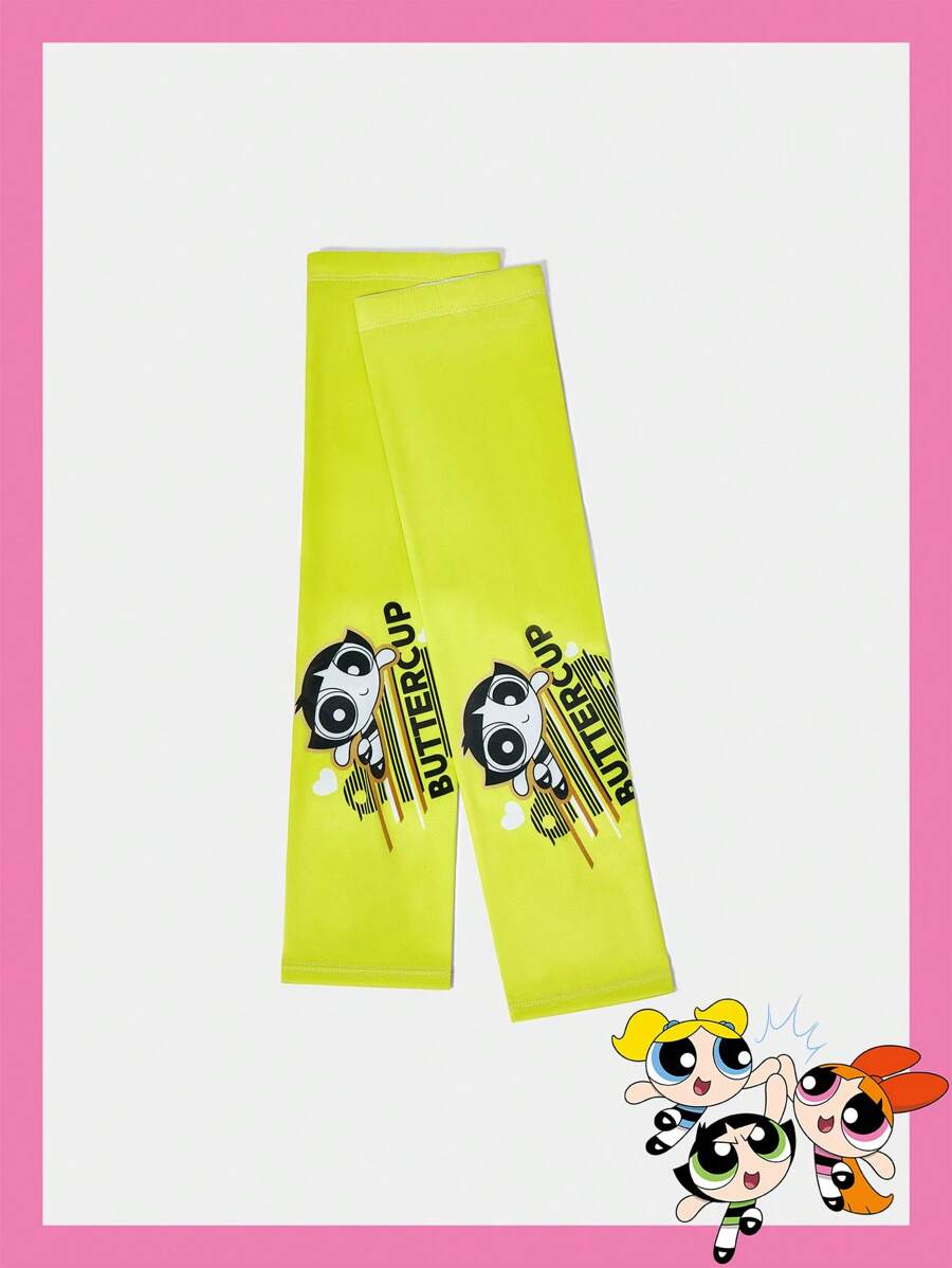 THE POWERPUFF GIRLS X SHEIN 1双霓虹绿色卡通字母印花女式臂套 - 綠色 - 查看 1