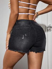 SHEIN EZwear Quần Short Denim Thời Trang Nữ, Thích Hợp Cho Mùa Hè - Màu xám đen - Xem 2