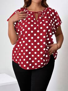 SHEIN Clasi Camicia casual estiva a maniche corte con laccetti davanti a pois, taglie forti - Rosso - Visualizzare 3