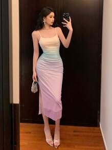 DAZY 女士渐变色褶皱侧开衩吊带中长连衣裙，修身款，返校服 - 彩色 - 查看 3