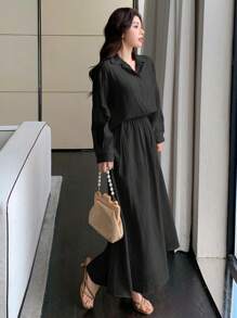 DAZY Bộ 2 món áo cánh rộng trễ vai màu trơn và chân váy chữ A cho nữ, thời trang xuân/thu, trở lại trường - màu đen - Xem 5