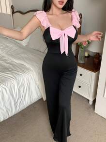 Sweet Ins Two-Tone Strik & Ruffle Patchwork Rugloze Hollow Out Dames Pyjama Jumpsuit, Vakantie