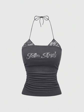 Camiseta de mujer de 2 en 1 con adornos de rhinestones y ribete de encaje plisado