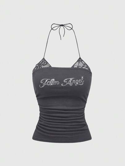 Women's Rhinestoned 2 In 1 Lace Trim Halter Pleated Camisole