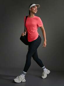 Exploreva Camiseta deportiva informal para mujer con dobladillo curvo de unicolor, de verano