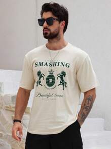 DAZY Camiseta de color crema con estampado de caballo y letras para hombres en verano